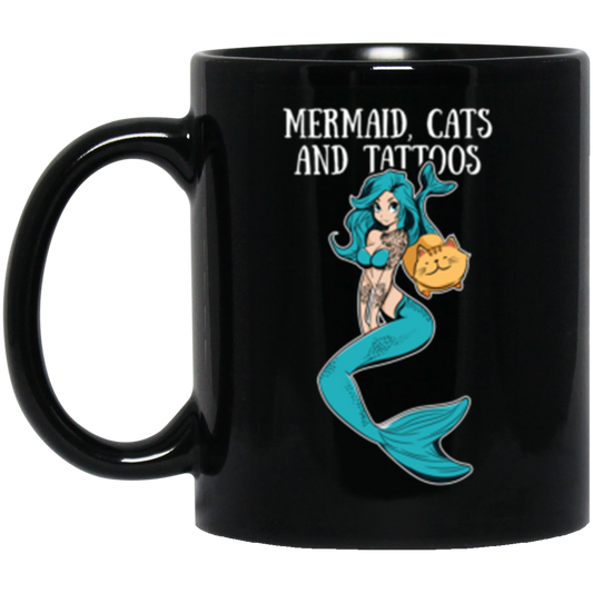 Mermaid and Cats 11 oz. Black Mug