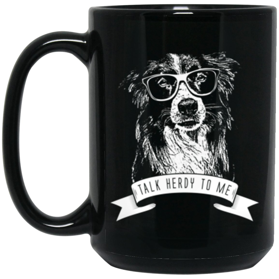 Border Collie Talk Herdy 15 oz. Black Mug